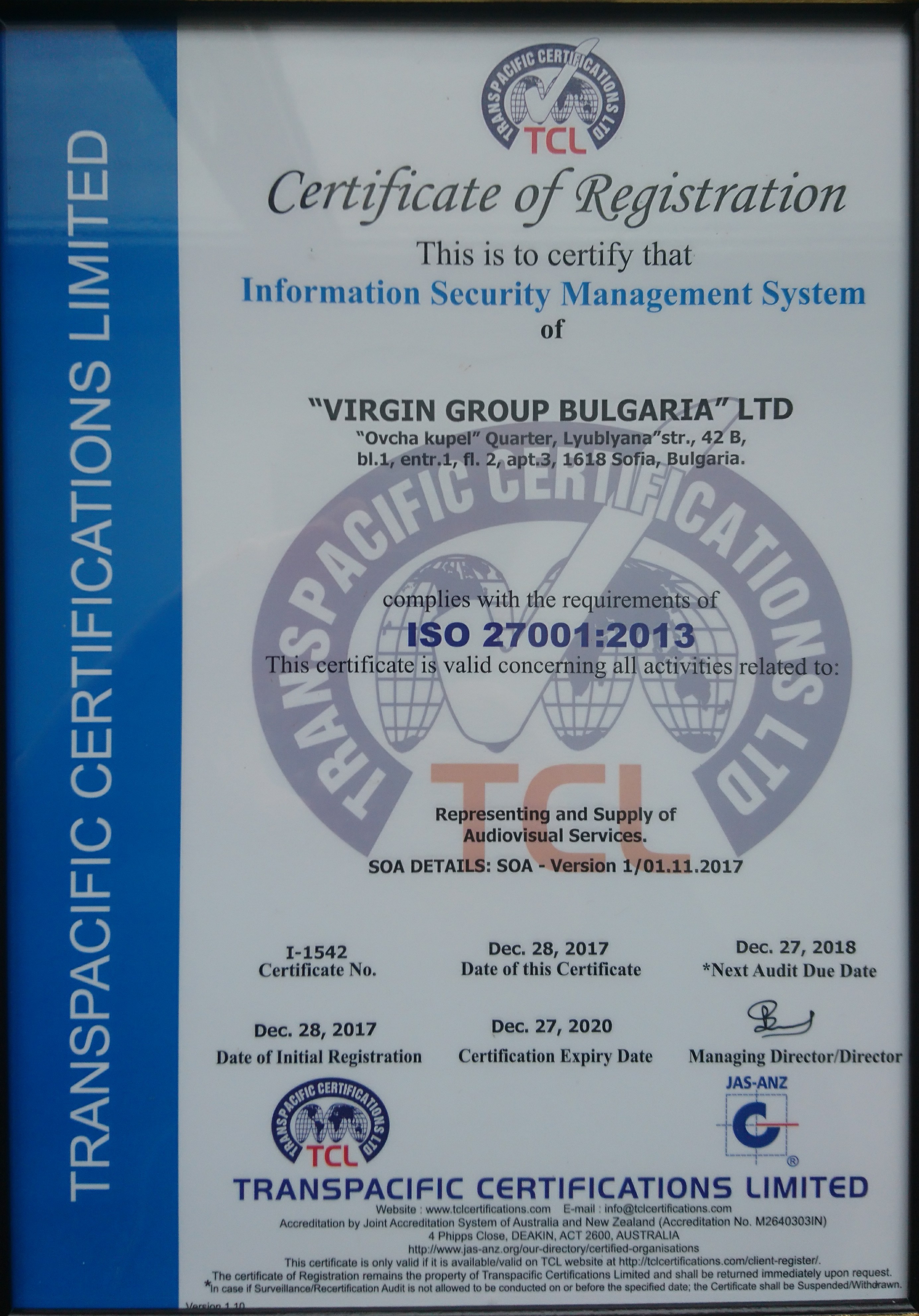 Върджин Груп България успешно премина сертификация по ISO14001 и ISO27001